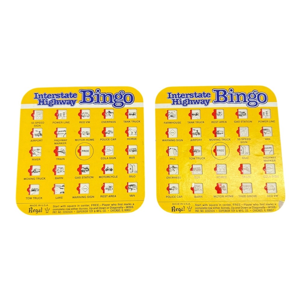 Vintage Regal Interstate Highway Bingo Cards Set of 2 Yellow Travel Road Trip
